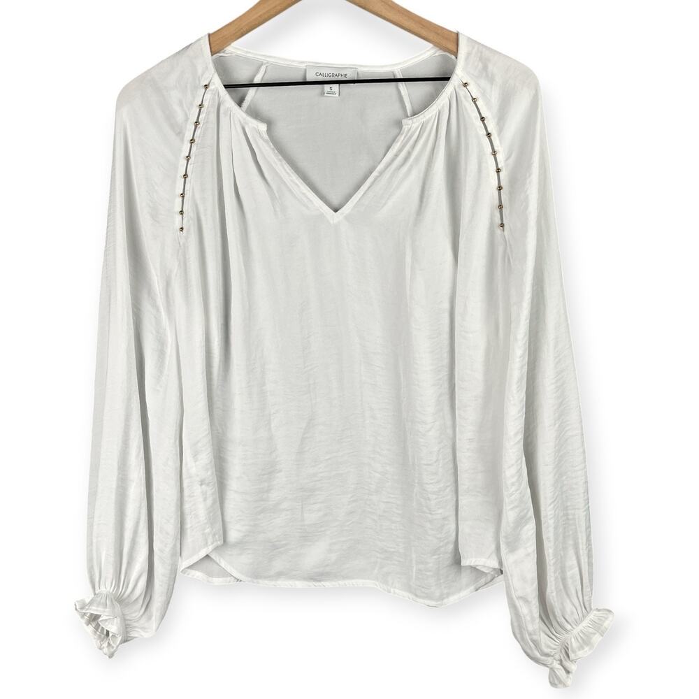 Anthropologie Calligraphie White Gold Beaded Peasant Blouse Women’s S Boho Chic - Picture 3 of 11